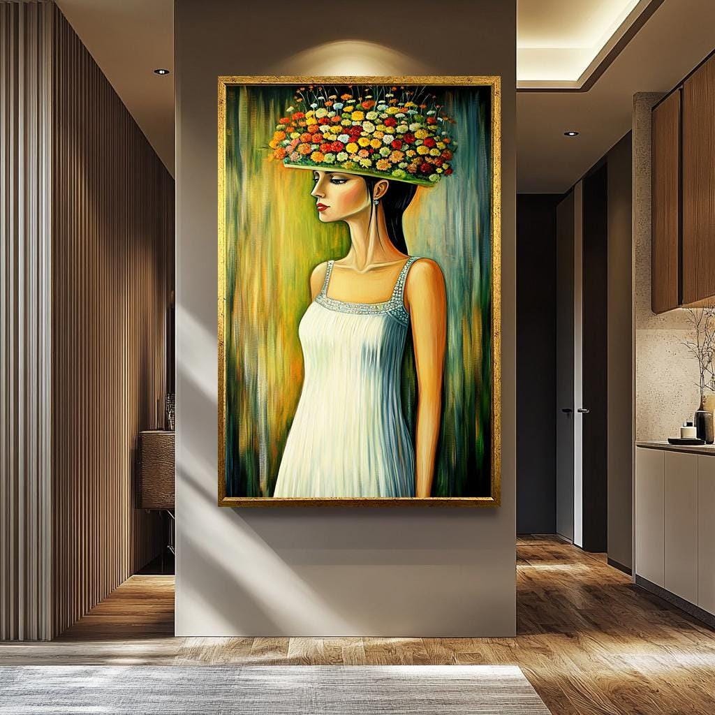 Floral Women Wall Art - Whimsical Portrait Canvas With Flower Hat | Elegant Botanical Decor