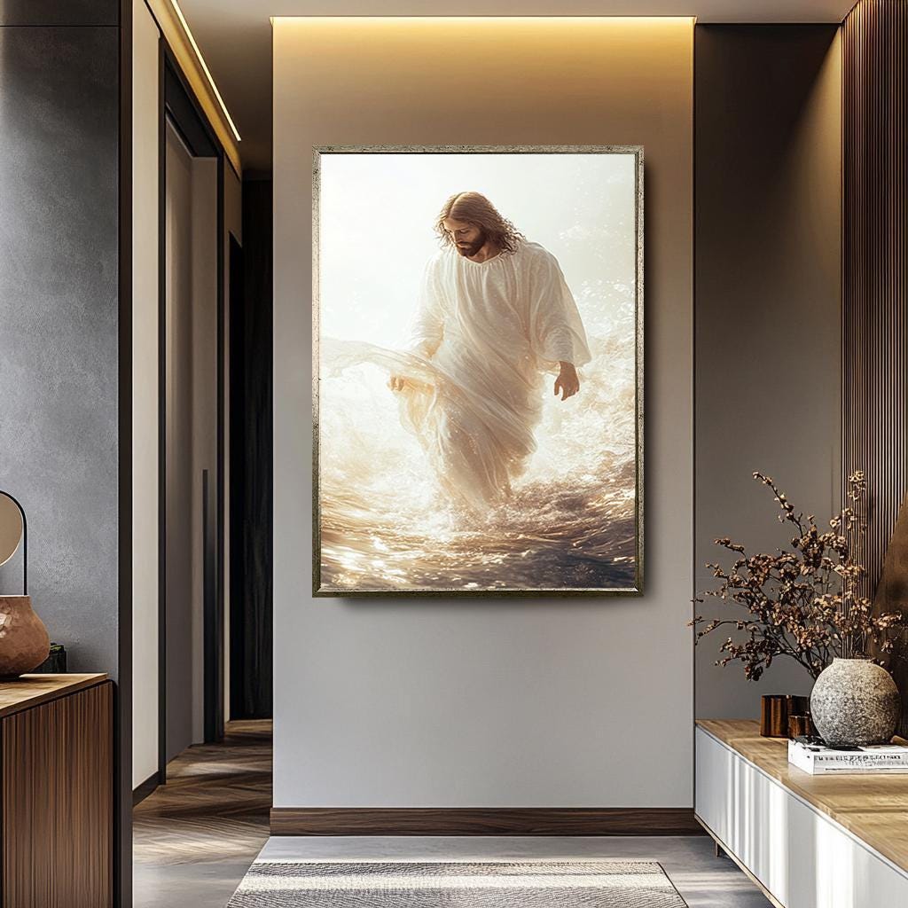 Jesus Walking On Water - White And Gold Canvas | Inspirational Christian Wall Art