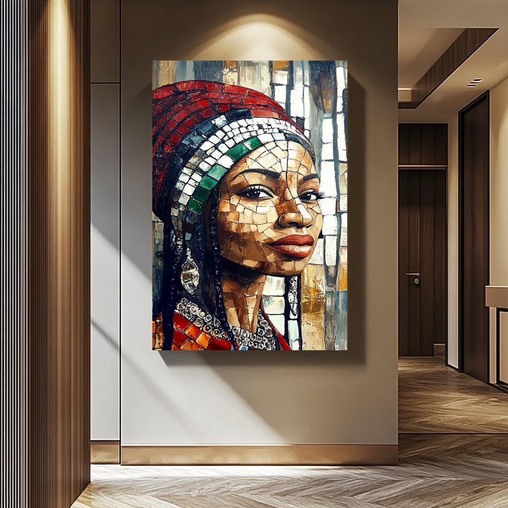 African Women Wall Art – Mosaic-Inspired Female Portrait Canvas | Vibrant Cultural Decor