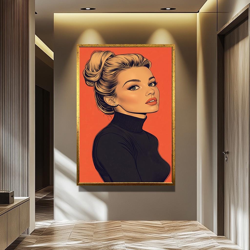 Pop Art Canvas Print – Blonde Woman Painting with Black Turtleneck & Bold Orange Background