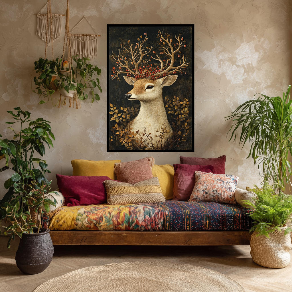 Deer Canvas Wall Art – Rustic Woodland Nature Print with Antlers & Red Berries