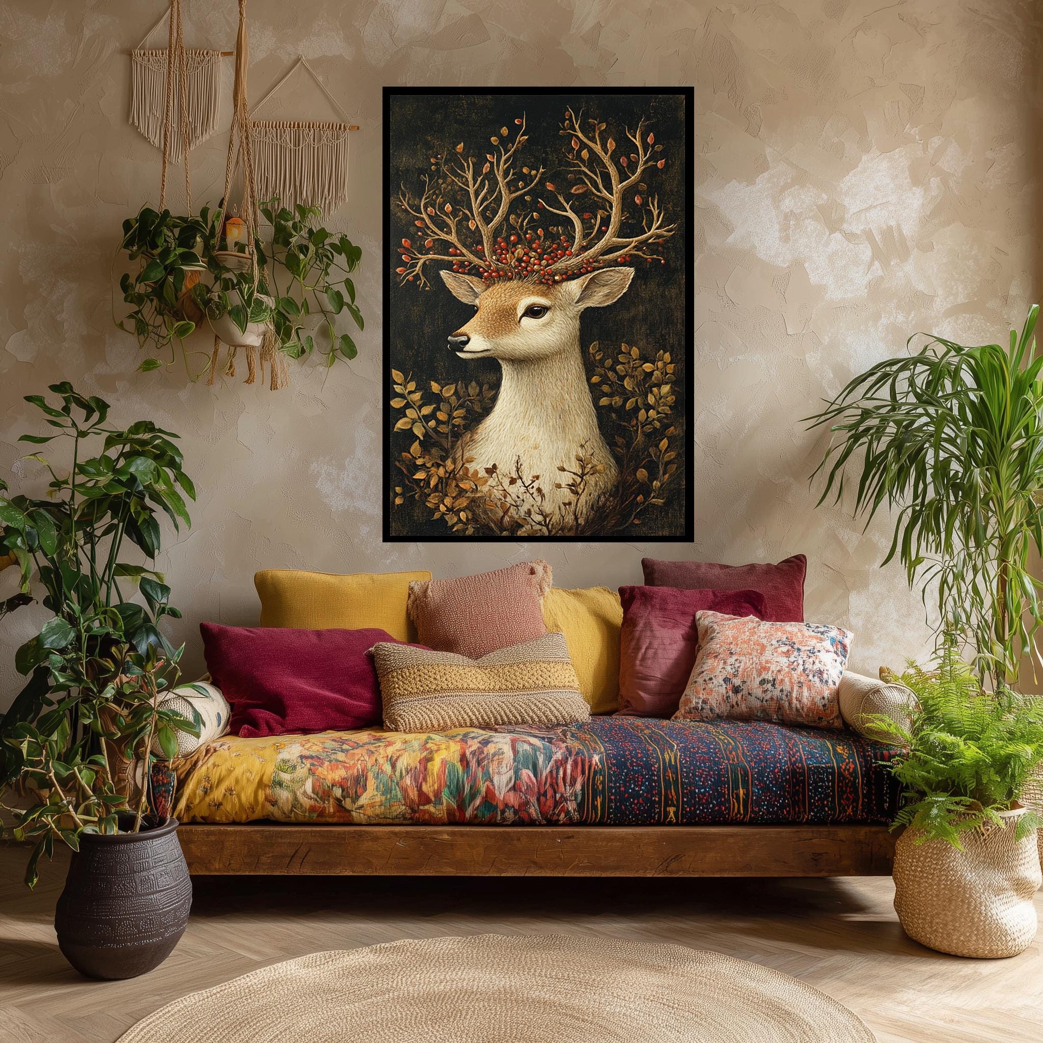 Deer Canvas Wall Art – Rustic Woodland Nature Print with Antlers & Red Berries