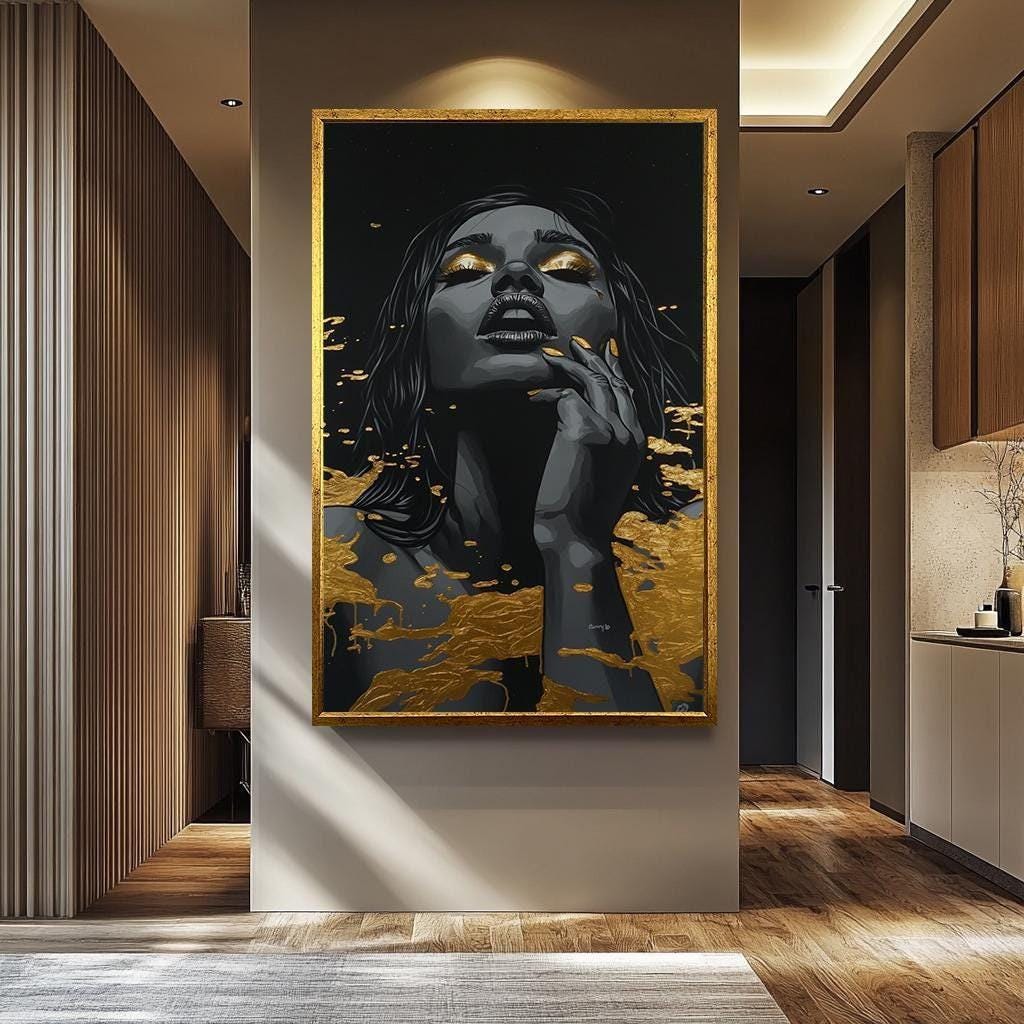 Women Wall Art | Black Gold Abstract Portrait Decor - Luxury Feminine Canvas