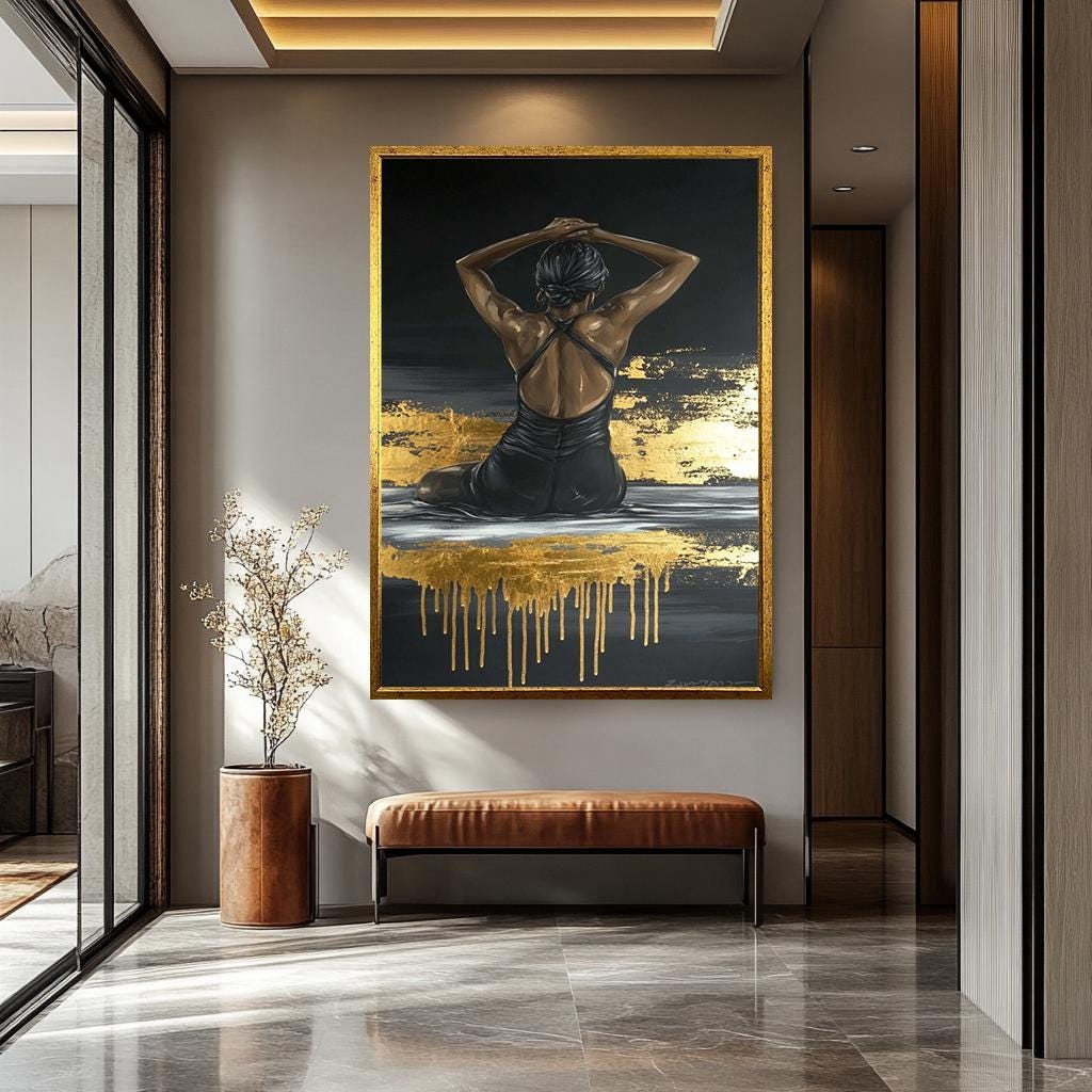 Black Woman Wall Art – Gold Leaf Canvas | Modern Female Painting | Textured Canvas Print