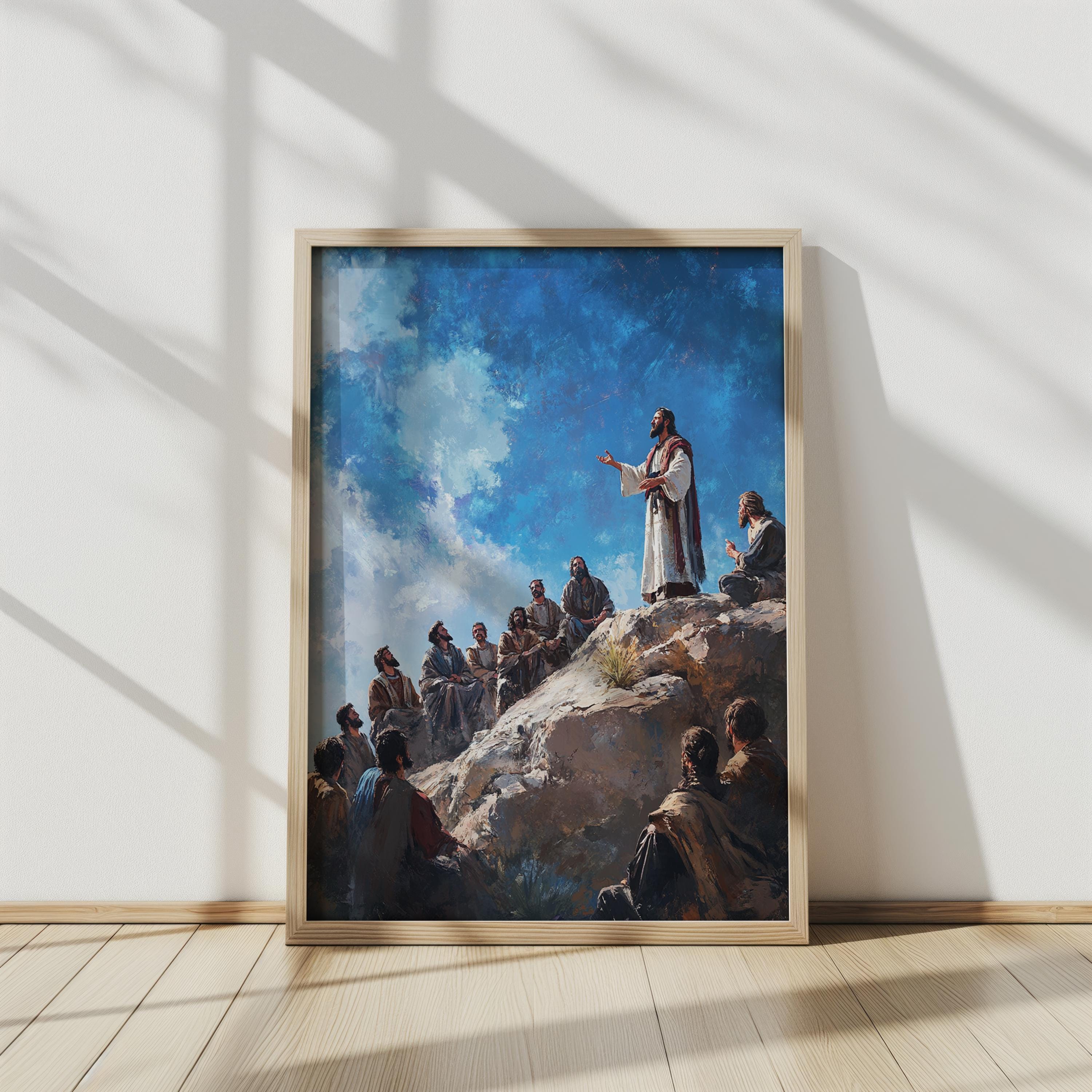 a painting of a man standing on top of a mountain