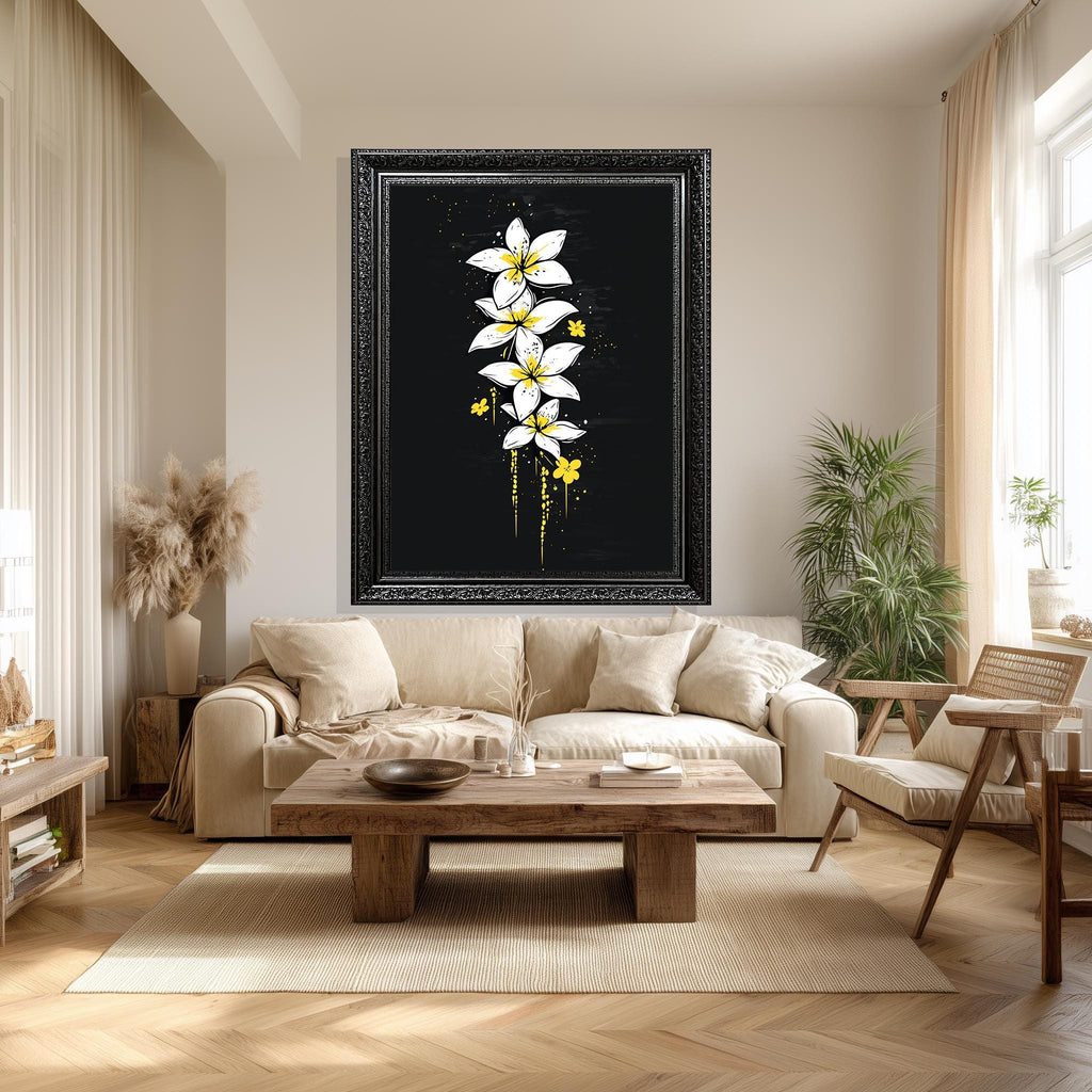 White Plumeria Canvas – Tropical Floral Wall Art With Yellow Accents & Black Background