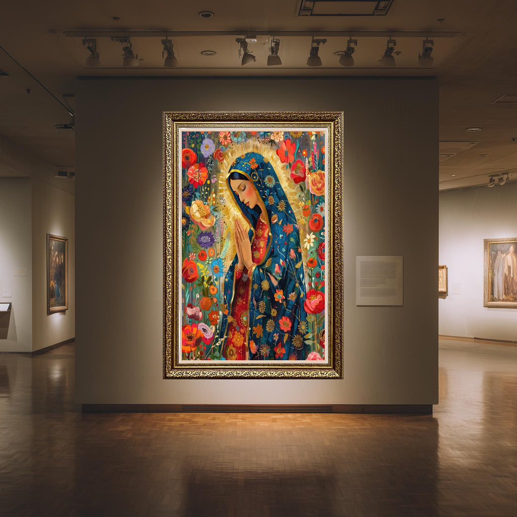 Virgin Mary Canvas Art – Floral Catholic Wall Decor with Gold Accent Canvas Print