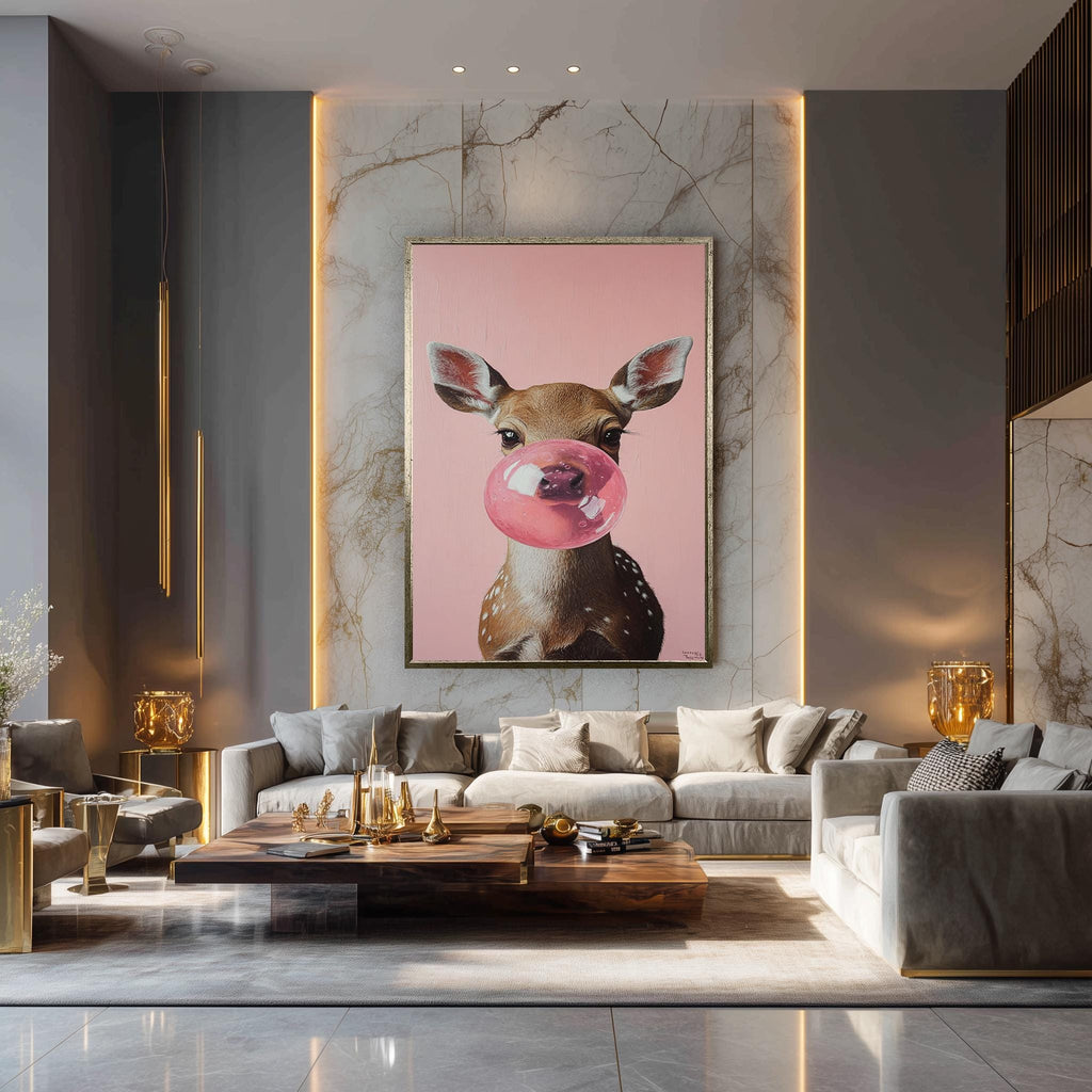Deer Wall Art – Cute Bubble Gum Deer Print on Pink Nursery Canvas Decor