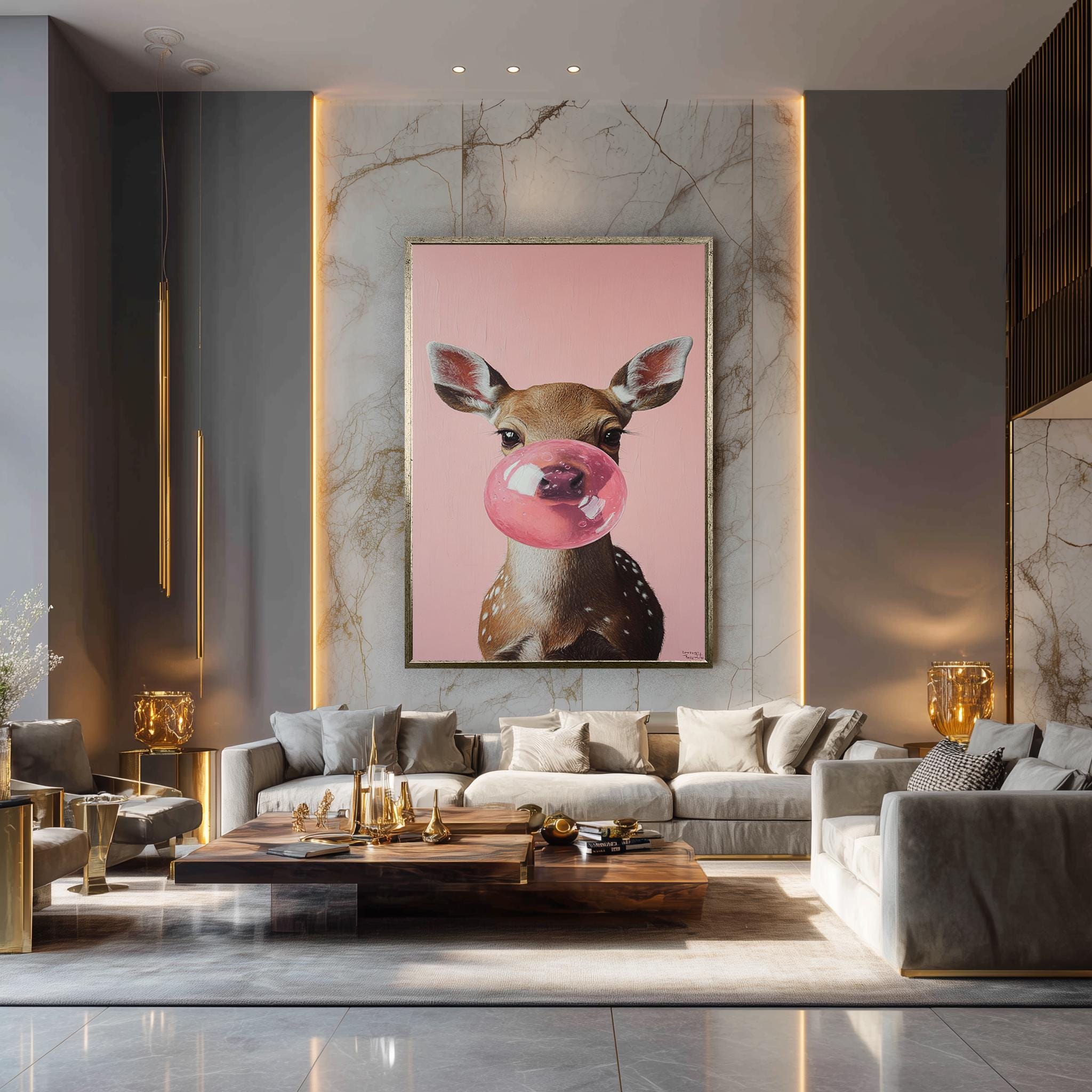 Deer Wall Art – Cute Bubble Gum Deer Print on Pink Nursery Canvas Decor