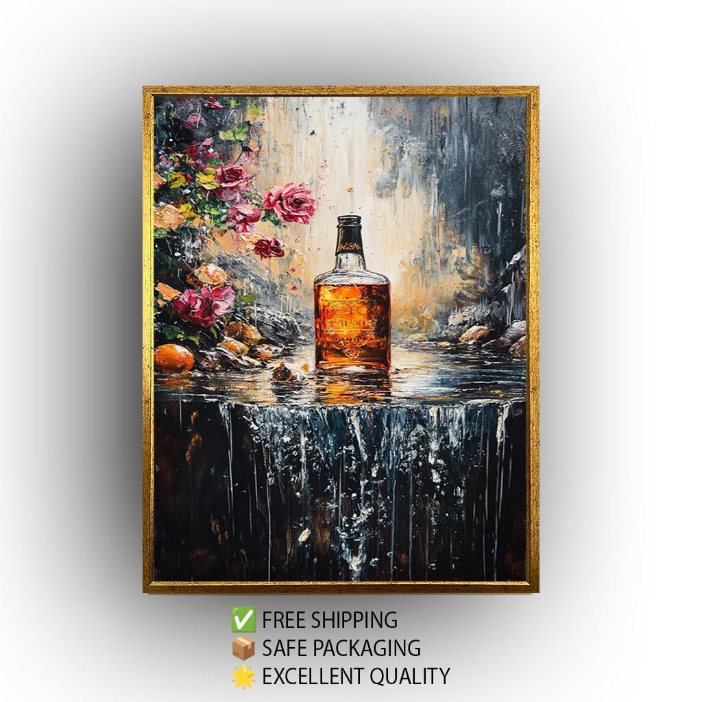Whiskey Bottle Wall Art – Floral Canvas Print With Waterfall, Romantic Bar Artwork