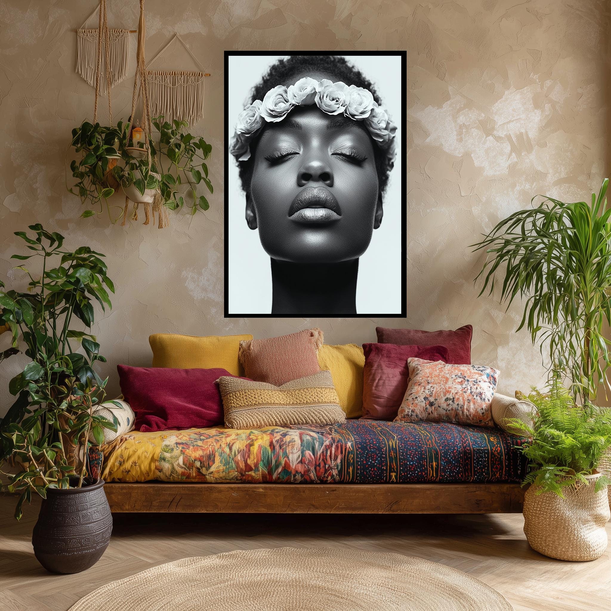 Black Woman Canvas Print – Monochrome Wall Art With Rose Crown Portrait