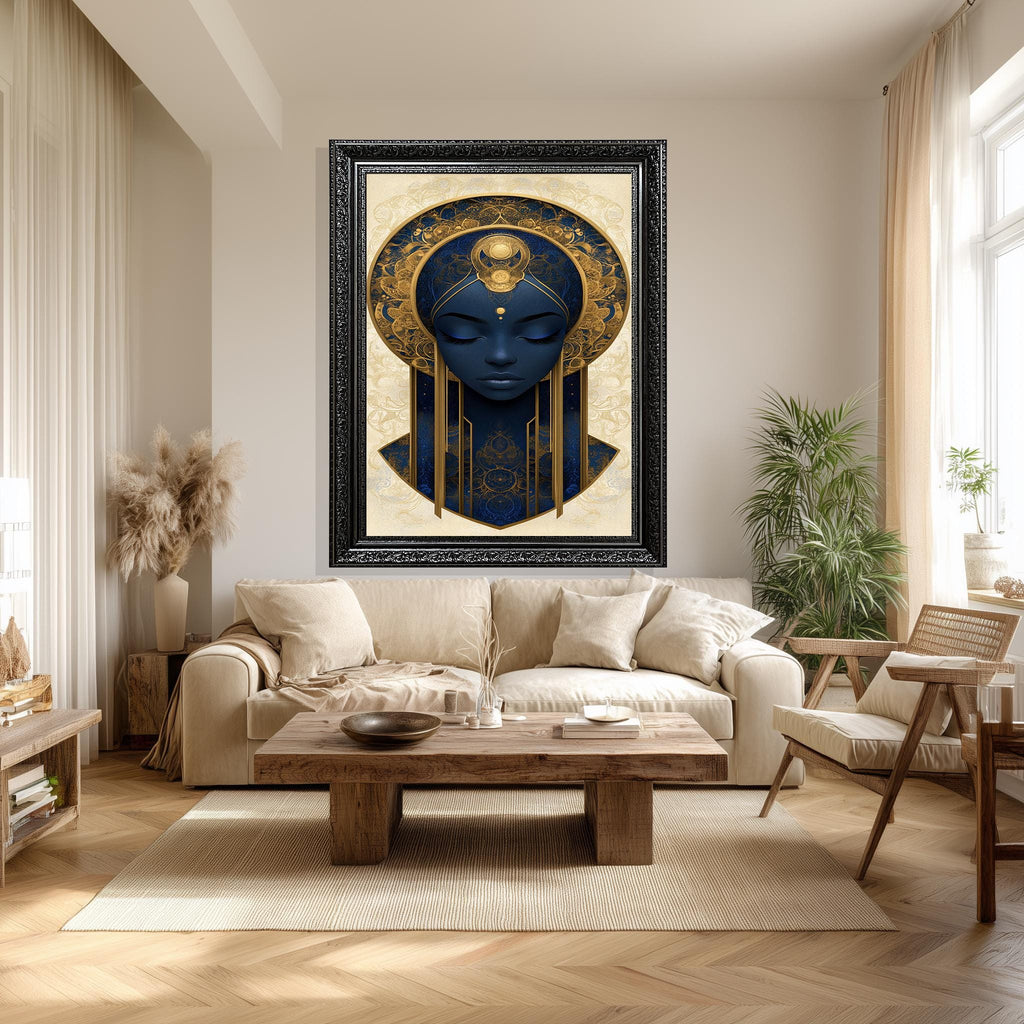 Divine Feminine Canvas Print – Afrocentric Wall Art With Blue Gold Detailing
