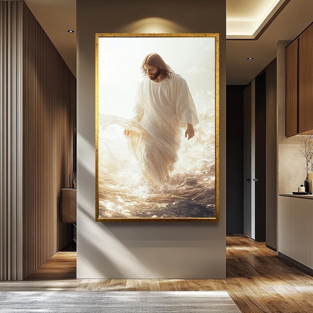 Jesus Walking On Water - White And Gold Canvas | Inspirational Christian Wall Art