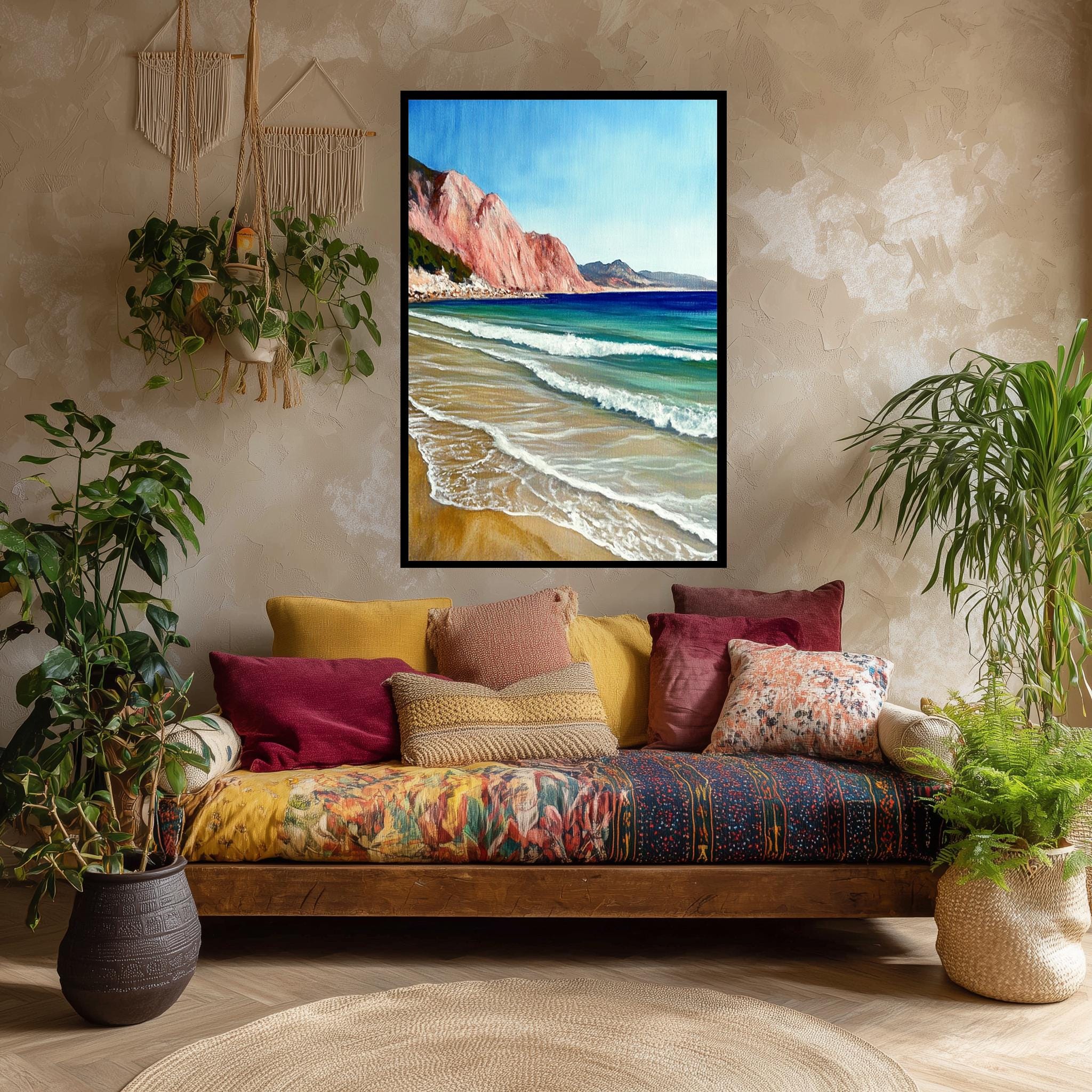Beach Canvas Wall Art – Coastal Turquoise Sea Waves & Pink Cliffs Print