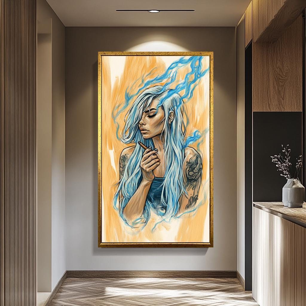 Boho Women Wall Art – Feminine Portrait Canvas with Blue Hair & Smoke Effect