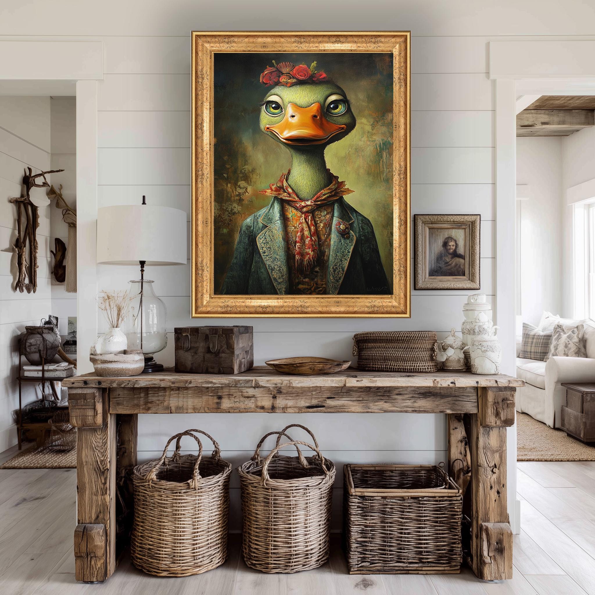 Whimsical Duck Canvas – Vintage Floral Crown Animal Portrait Print for Nursery Wall Art