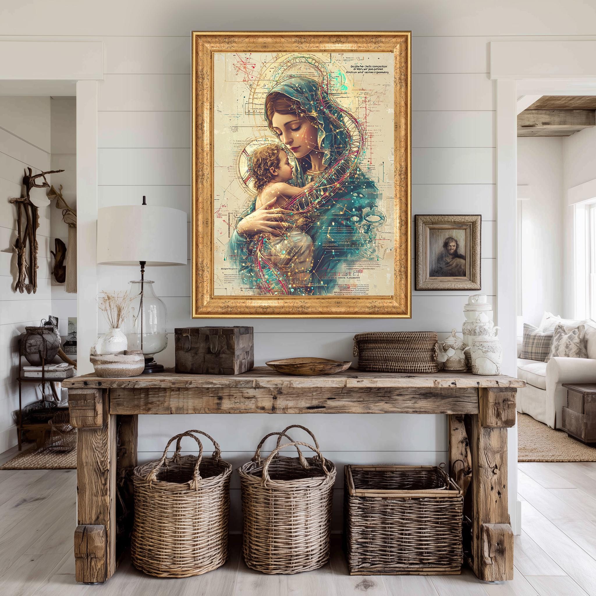 Mother and Child Canvas | Sacred Family Print - Virgin Mary Artwork with Double Helix Halo