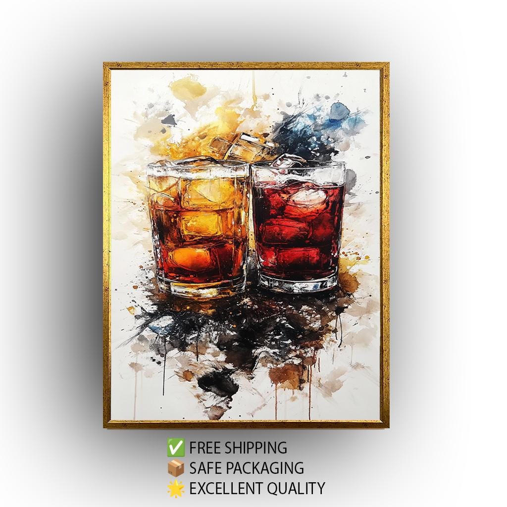 Whiskey Cocktail Wall Art – Abstract Drink Canvas with Ice & Amber Tones for Modern Bar Decor