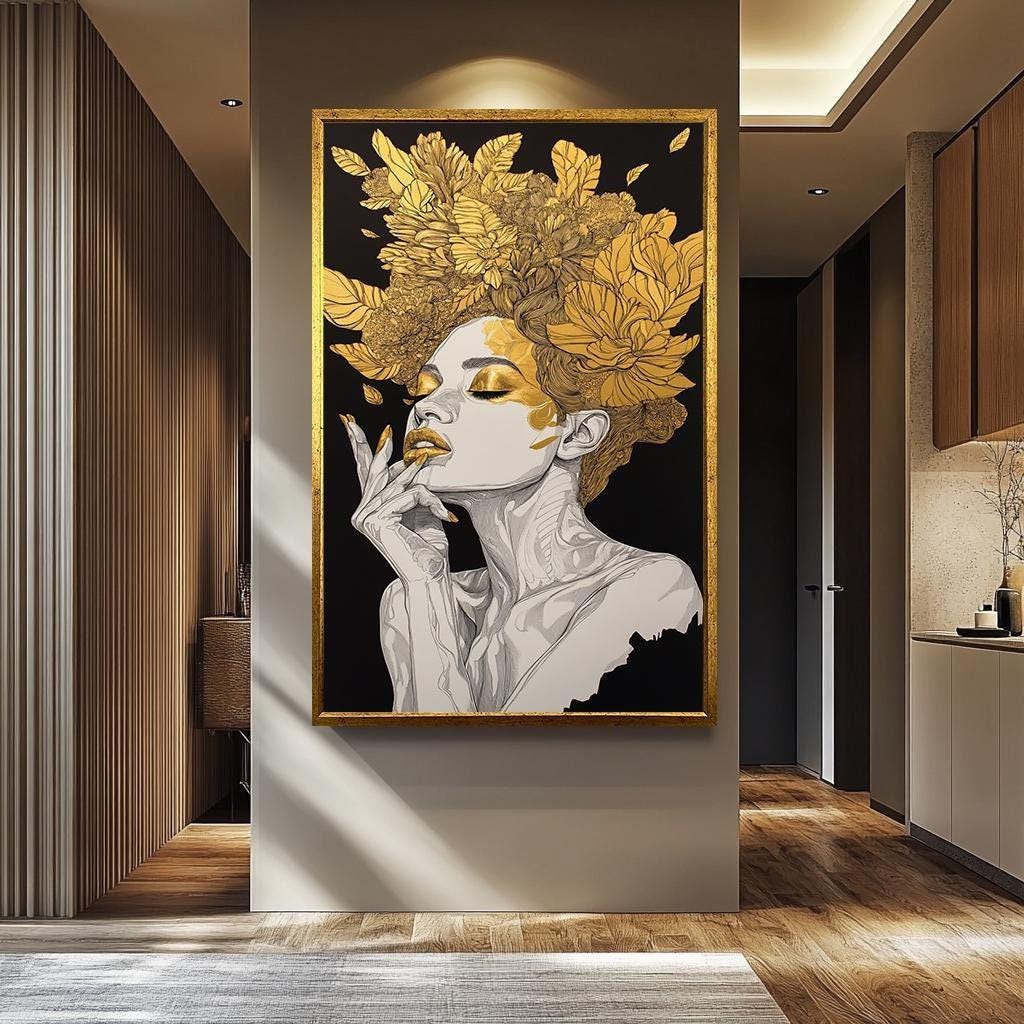 Women Wall Art - Gold Floral Canvas Abstract | Luxury Female Portrait Print