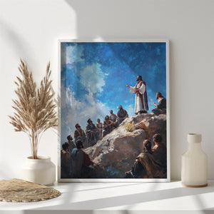 a painting of a man standing on top of a hill