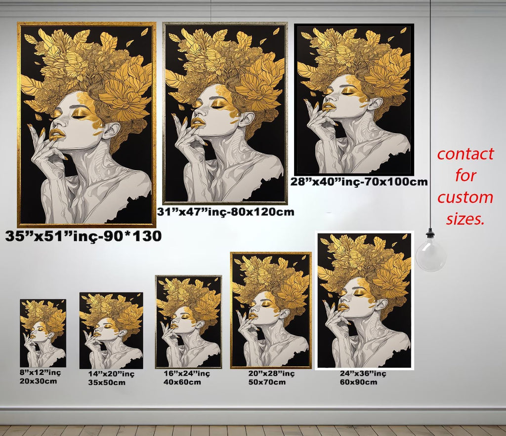 Women Wall Art - Gold Floral Canvas Abstract | Luxury Female Portrait Print