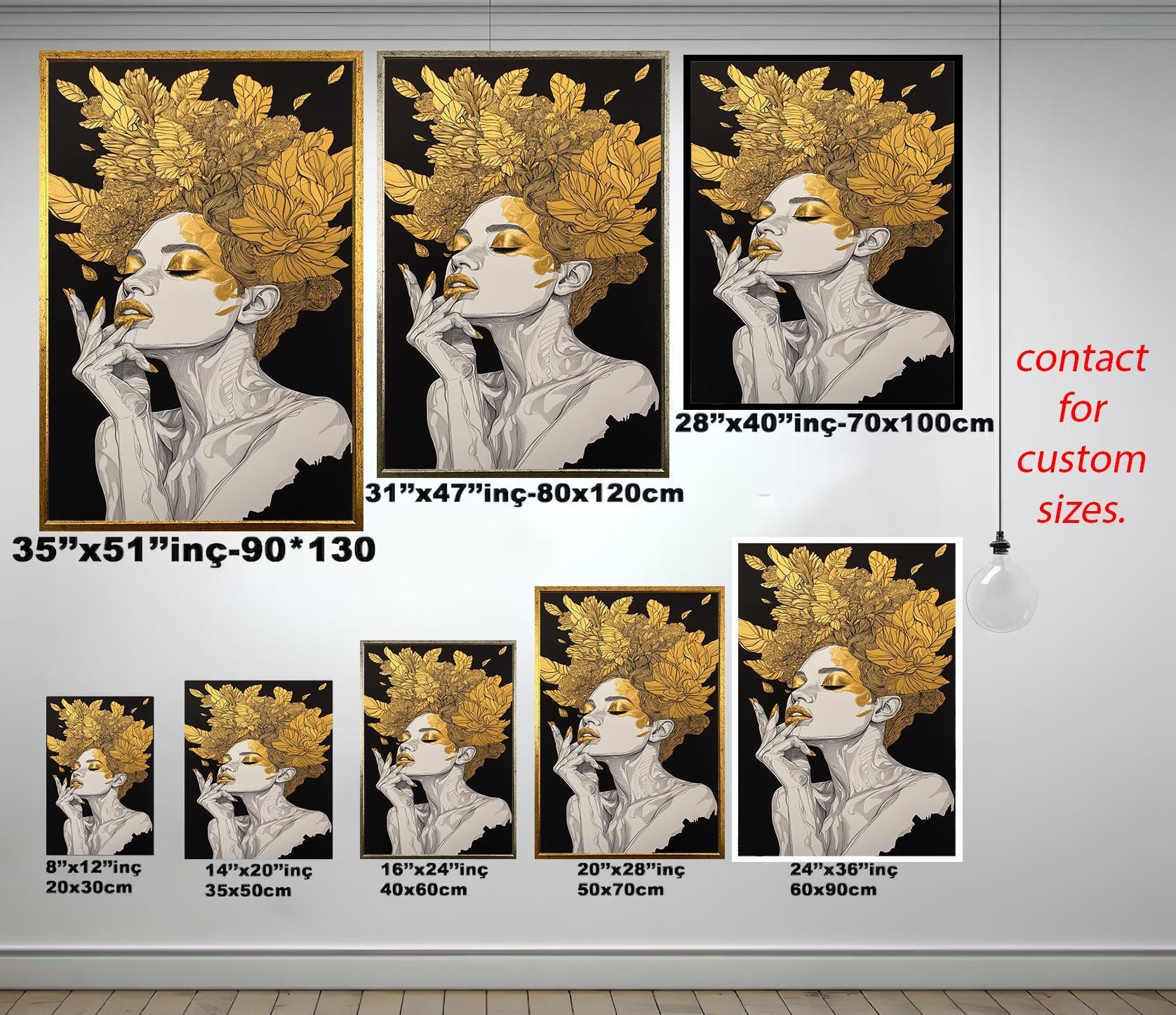 Women Wall Art - Gold Floral Canvas Abstract | Luxury Female Portrait Print