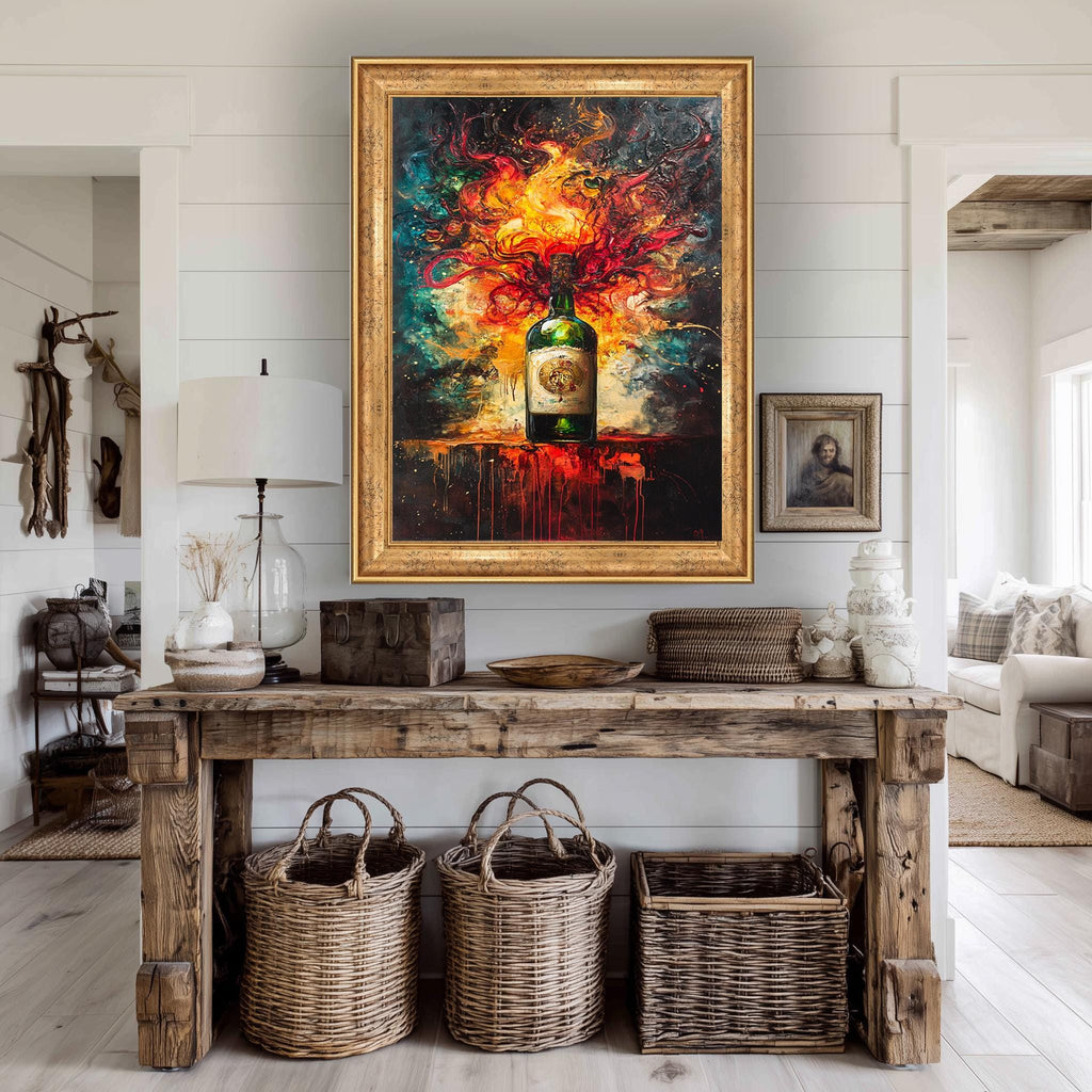 Whiskey Bottle Canvas Art – Fiery Abstract Liquor Print | Bold Bar Wall Decor