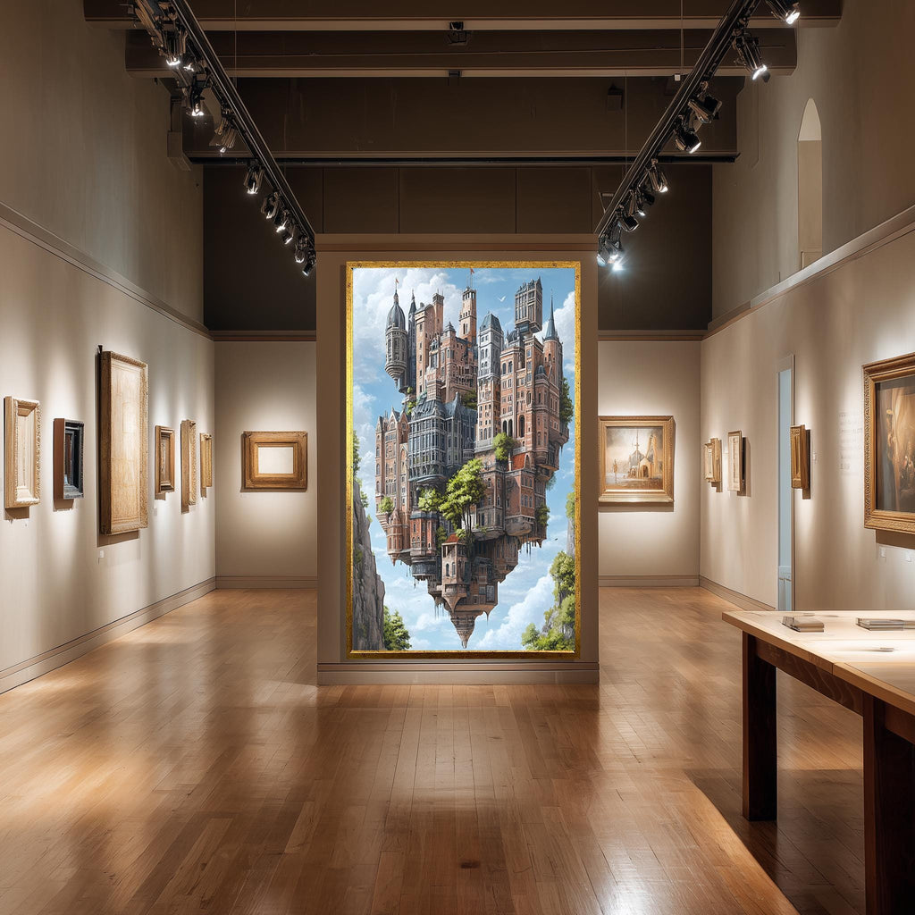 Floating Castle Canvas Surreal Sky Art – Magical Kingdom Print with Upside Down Buildings