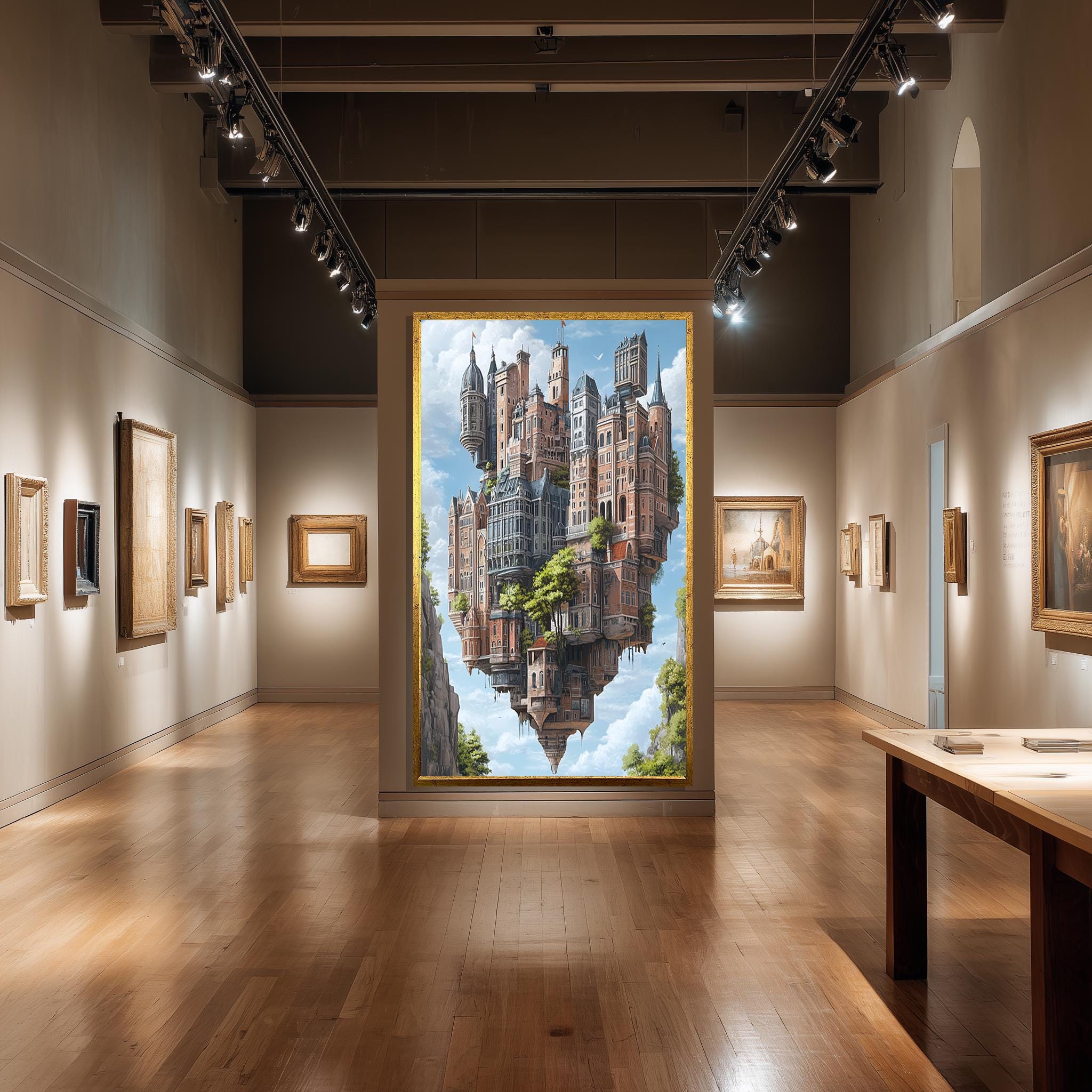 Floating Castle Canvas Surreal Sky Art – Magical Kingdom Print with Upside Down Buildings