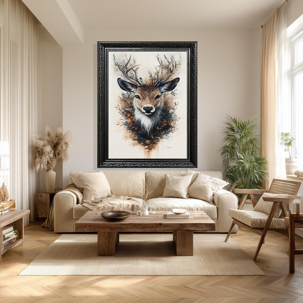 Autumn Deer Wall Art – Floral Antler Canvas | Rustic Woodland Botanical Print