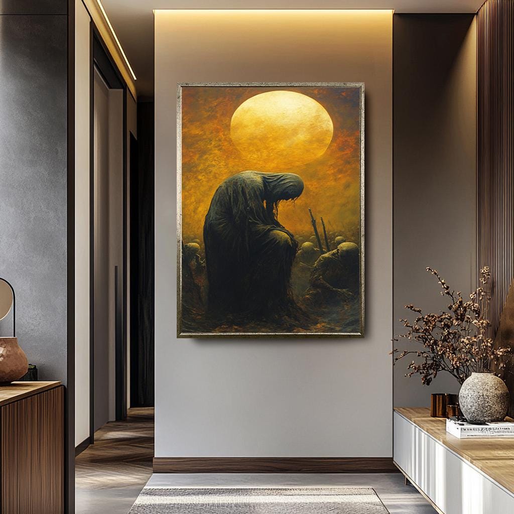 Dark Fantasy Canvas Print – Hooded Figure Artwork with Apocalyptic Skeleton Army & Golden Moon