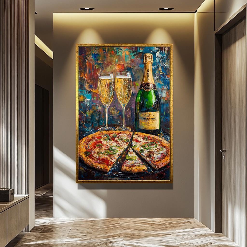 Champagne Pizza Canvas - Colorful Kitchen Wall Art | Bold Impressionist Print