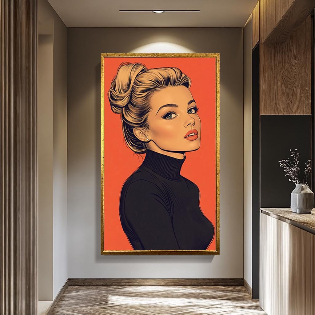 Pop Art Canvas Print – Blonde Woman Painting with Black Turtleneck & Bold Orange Background