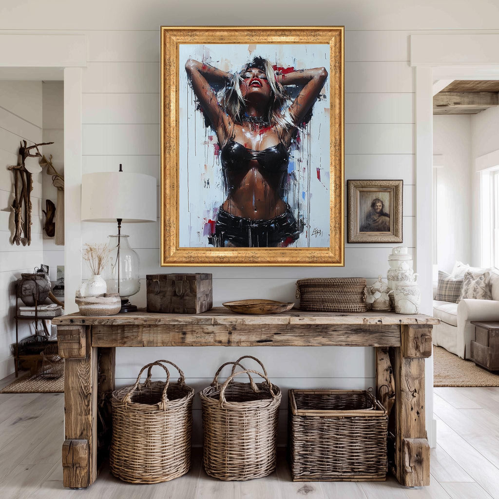 Sensual Woman Canvas Print – Bold Expressionist Style Erotic Wall Art, Leather Fashion