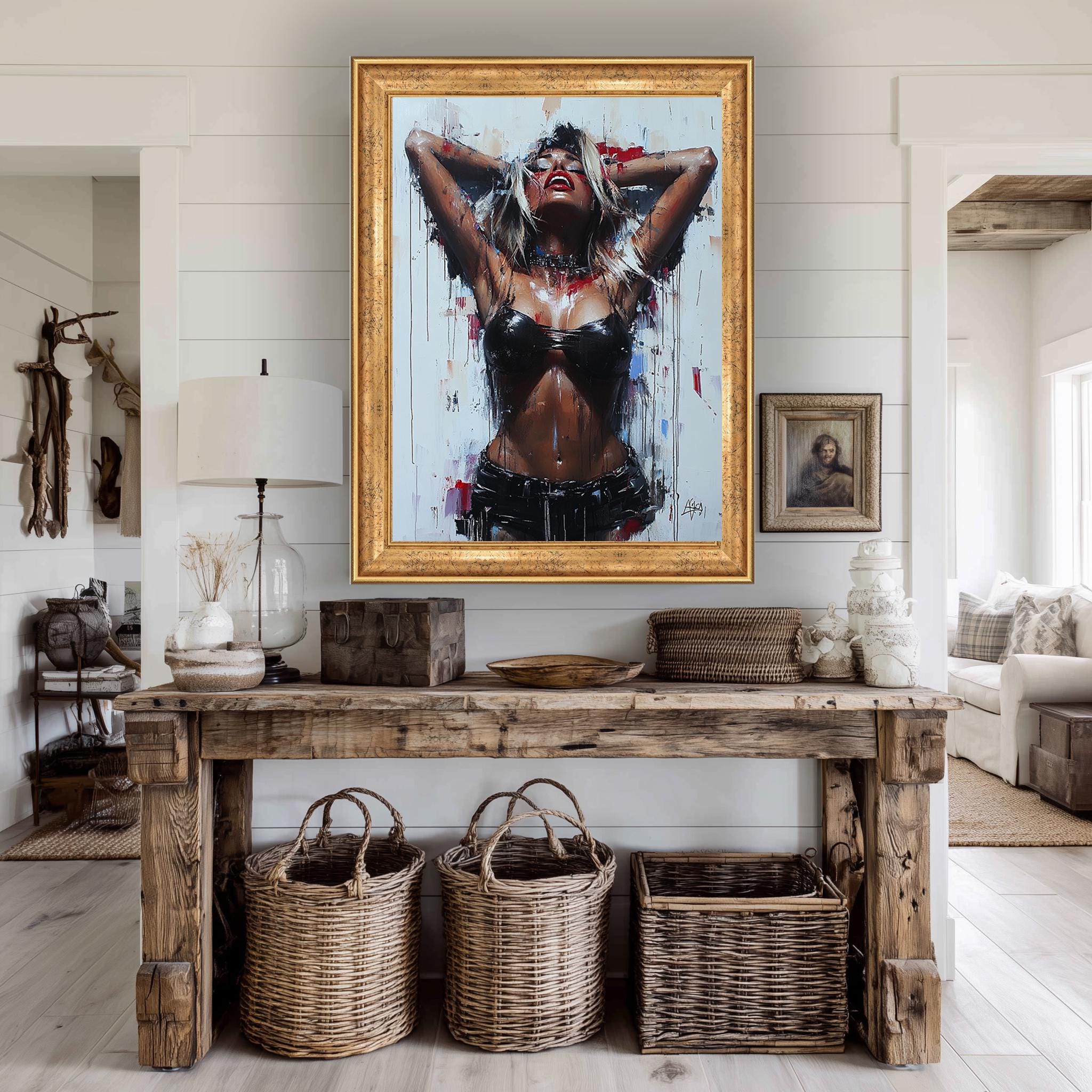 Sensual Woman Canvas Print – Bold Expressionist Style Erotic Wall Art, Leather Fashion