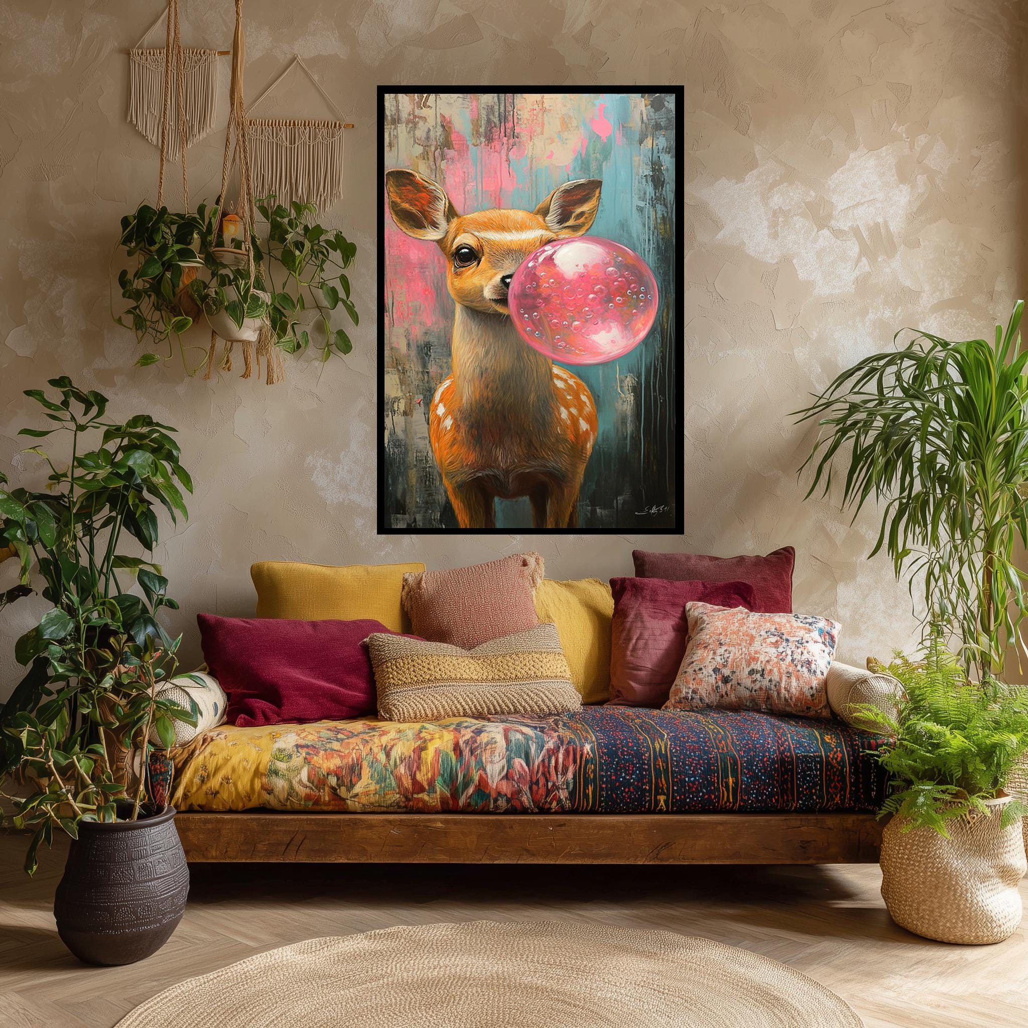 Deer Blowing Bubblegum Canvas – Cute Animal Nursery Wall Art with Colorful Grunge Background