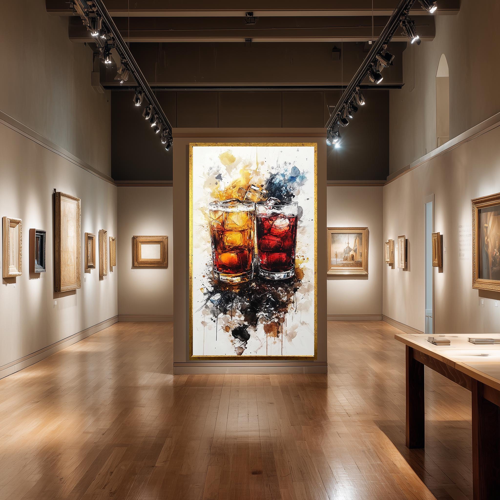 Whiskey Cocktail Wall Art – Abstract Drink Canvas with Ice & Amber Tones for Modern Bar Decor