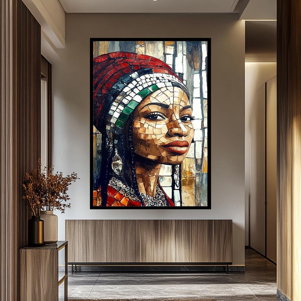 African Women Wall Art – Mosaic-Inspired Female Portrait Canvas | Vibrant Cultural Decor