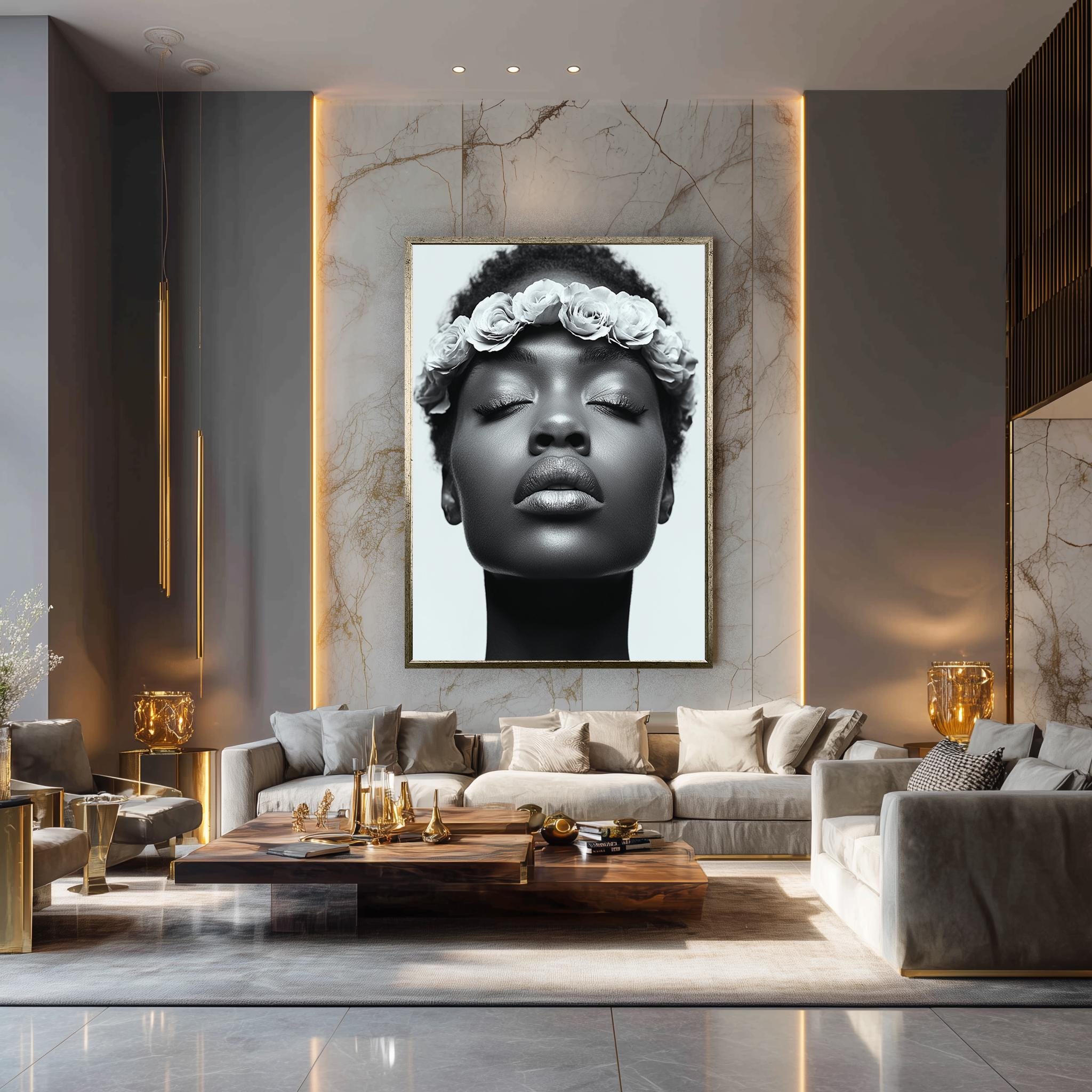 Black Woman Canvas Print – Monochrome Wall Art With Rose Crown Portrait