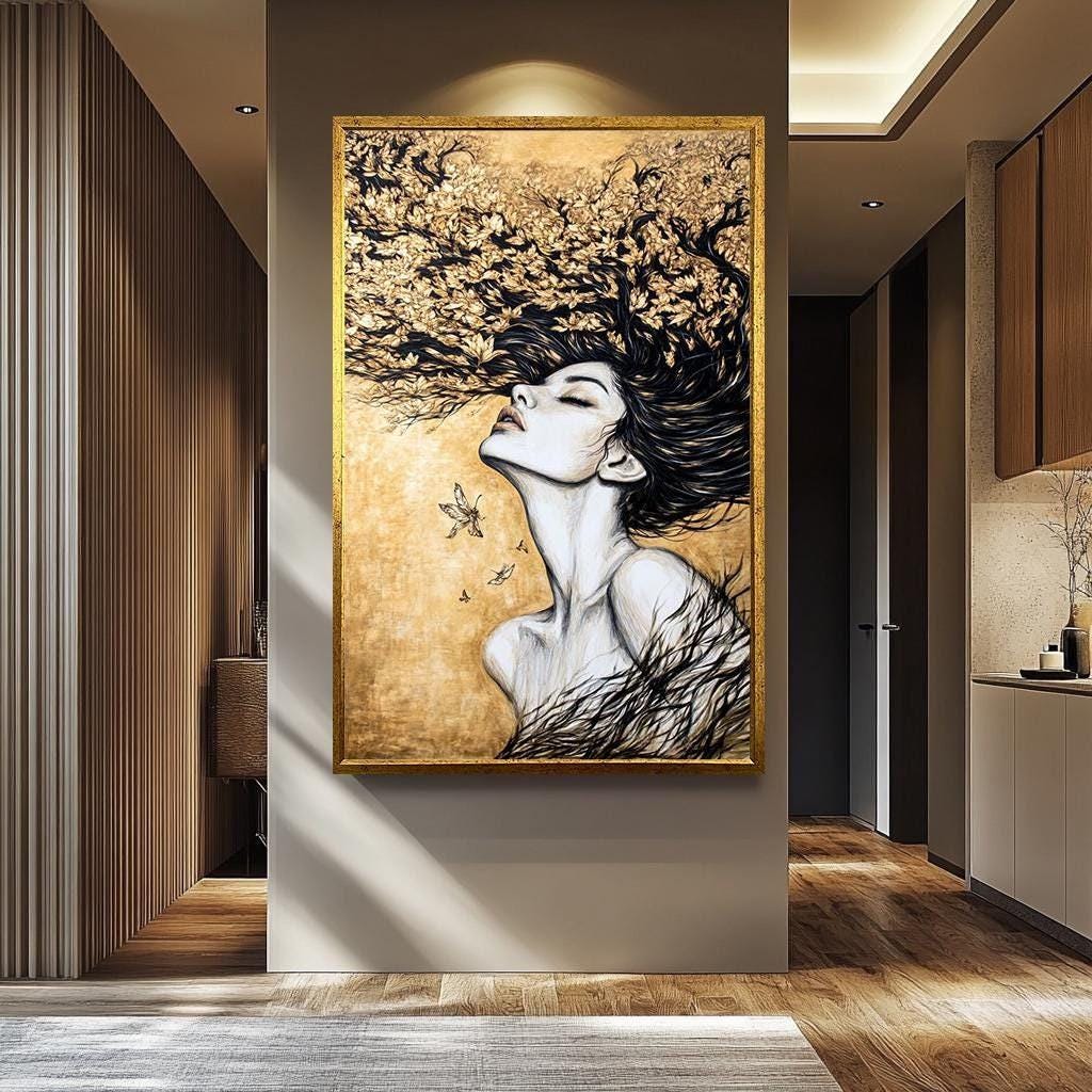 Women Wall Art – Gold Black Abstract Portrait | Elegant Feminine Canvas Decor