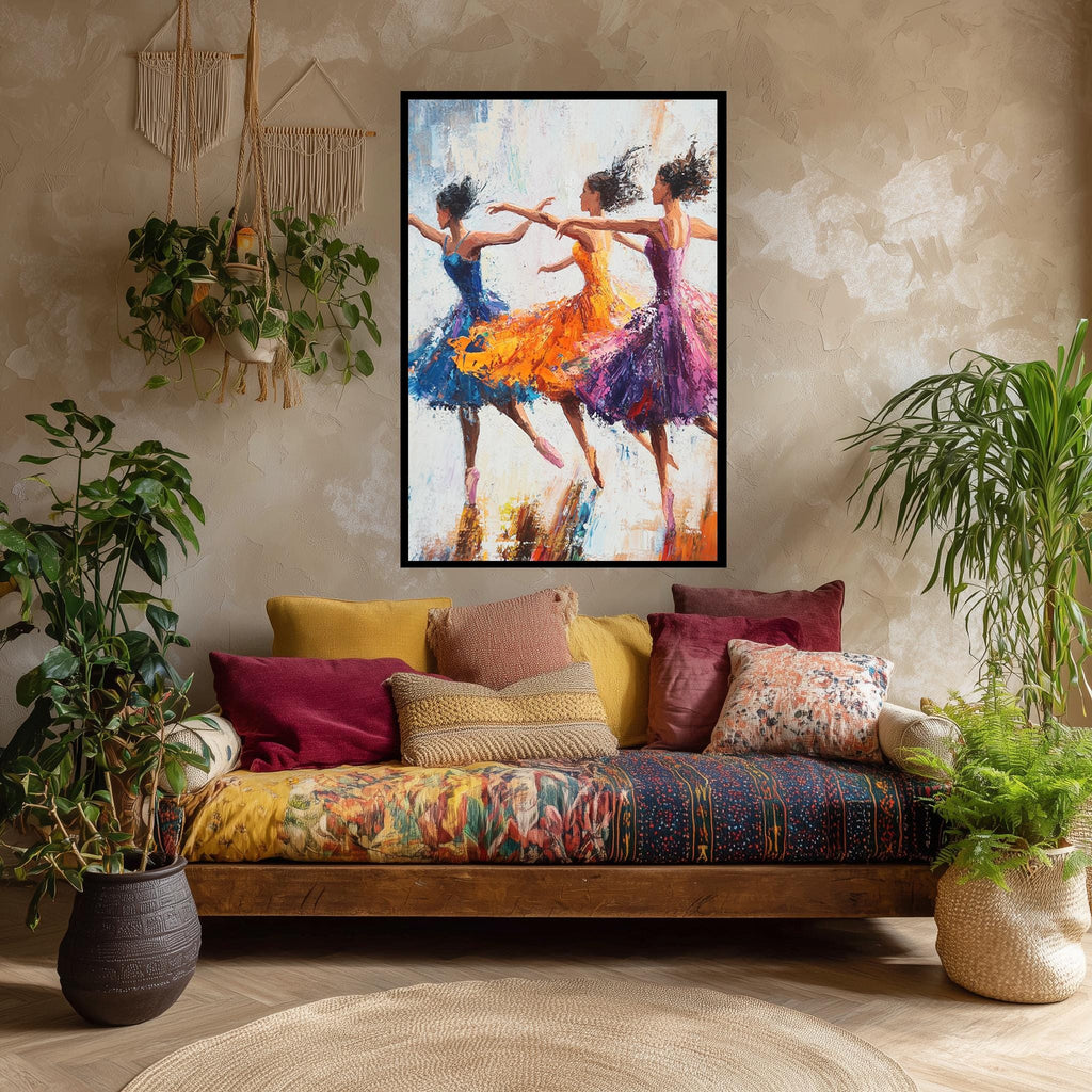 Ballerina Canvas Wall Art – Vibrant Dance Studio Canvas with Flowing Dresses Artwork