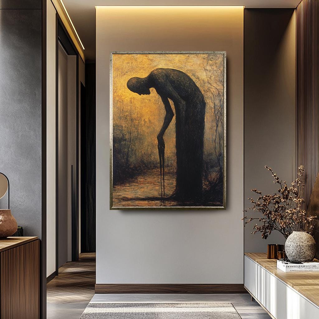 Dark Surreal Canvas Print – Moody Golden Light Gothic Wall Art With Melting Form