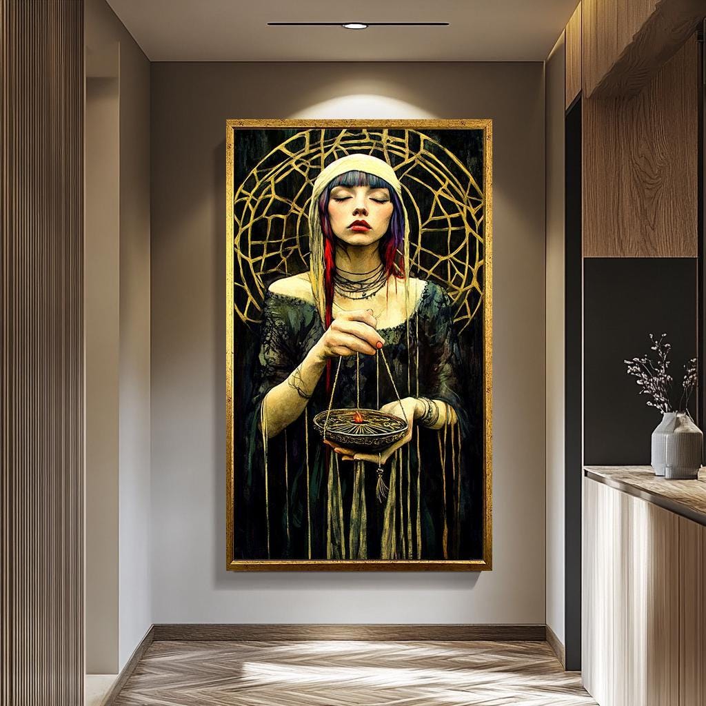 Mystical Woman Wall Art | Dark Aesthetic Decor – Feminine Gothic Artwork & Boho Witch Portrait