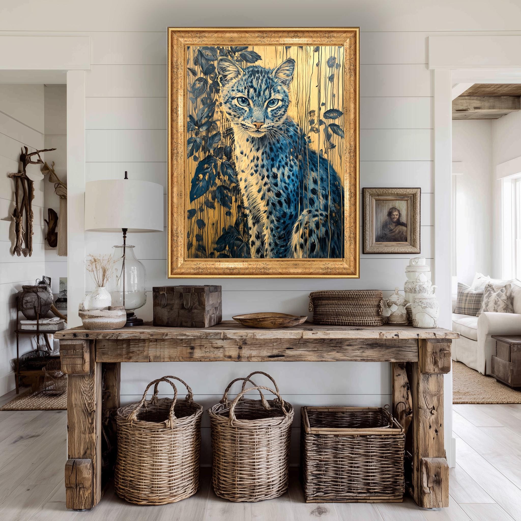 Blue Leopard Wall Art – Wildlife Canvas Print with Botanical Jungle Design