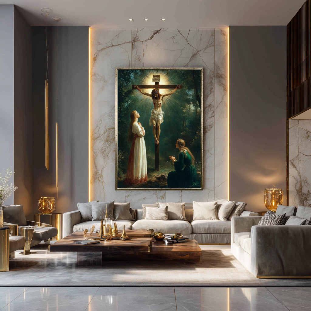 Jesus on the Cross Canvas | Christian Wall Art - Crucifixion Scene Print with Divine Light