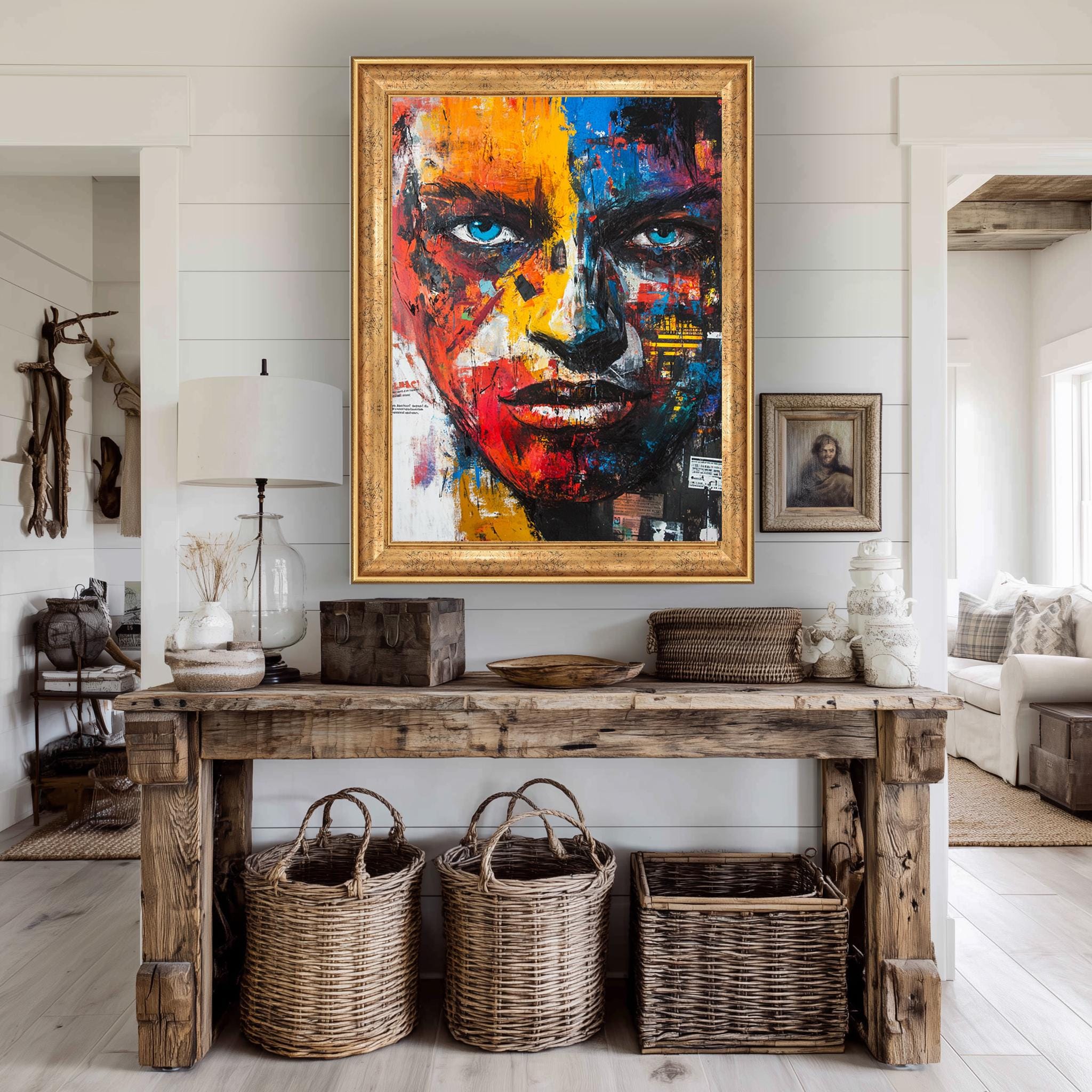 Abstract Face Canvas – Vibrant Wall Print With Intense Blue Eyes | Modern Wall Decor