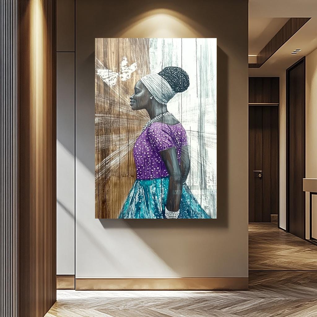 African Women Wall Art – Elegant Female Portrait Painting on Black Woman Canvas