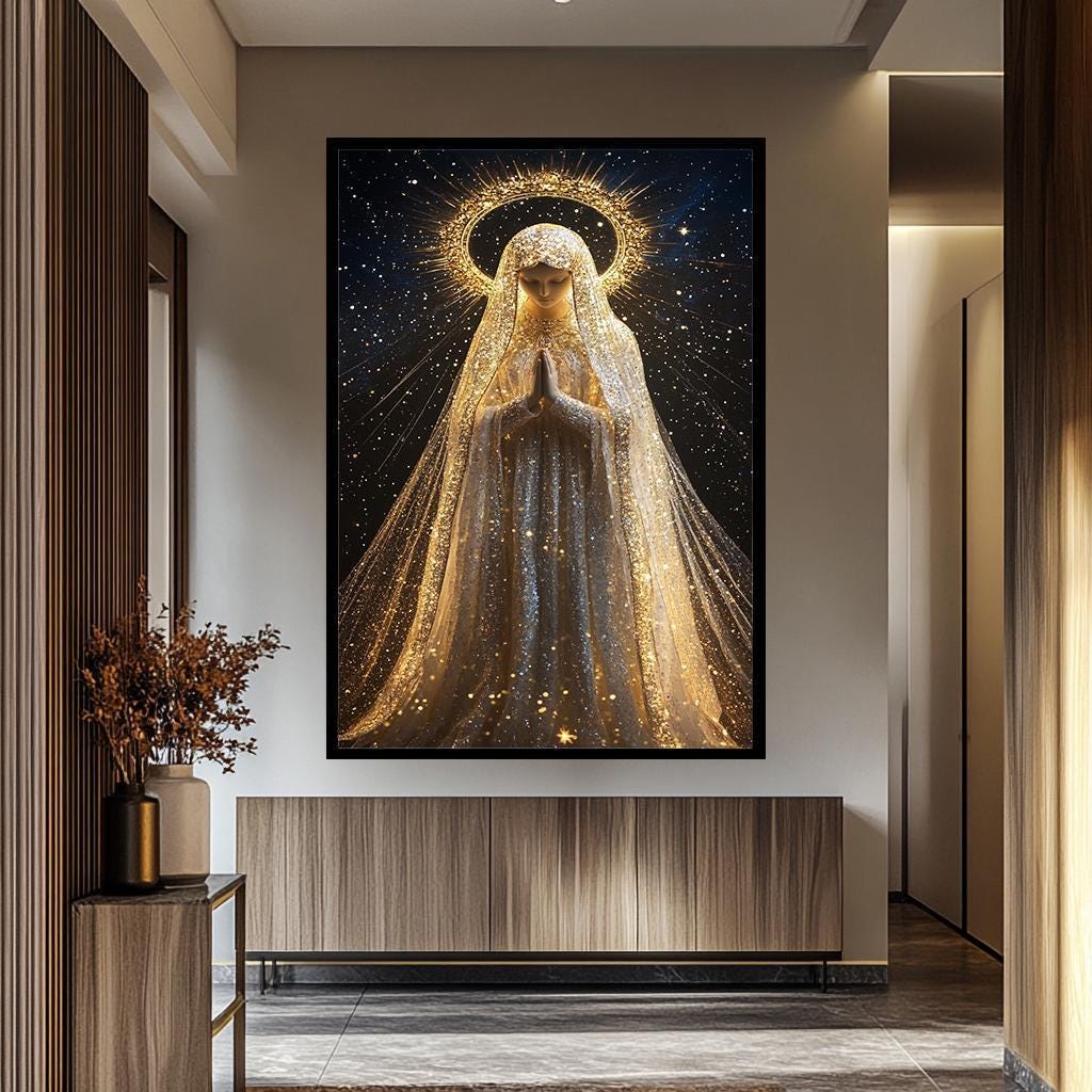 Virgin Mary Wall Art – Mother Mary Canvas Print with Starry Halo | Religious Home Decor