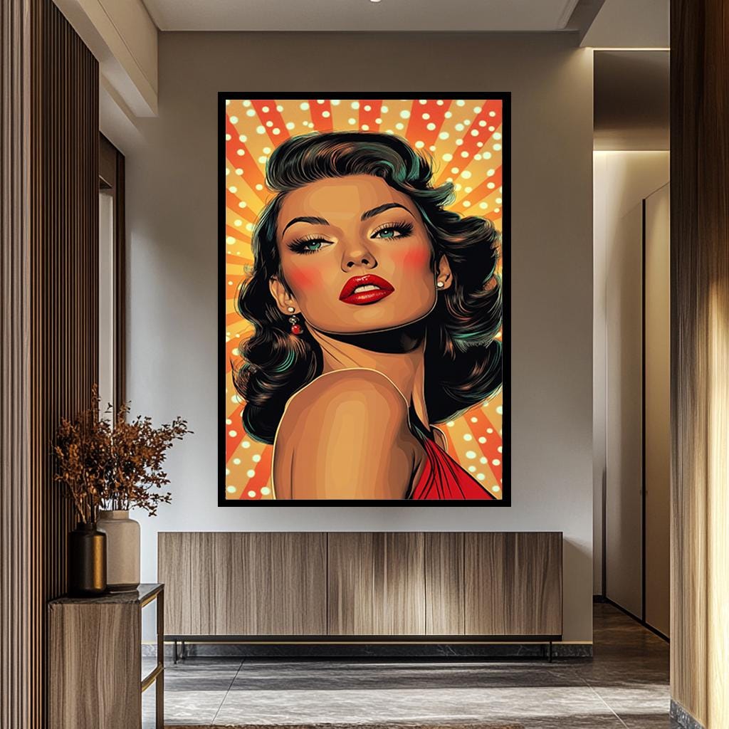 Pop Art Canvas Print – Glamorous Woman Retro Wall Art With Bold Makeup & Red Lips