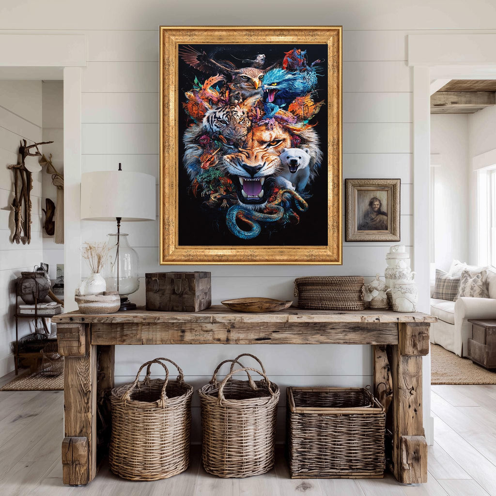 Animal Collage Wall Art – Bold Wildlife Canvas Print Featuring Lion, Tiger & Mythical Creatures